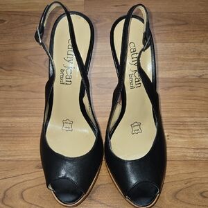 Cathy Jean Black Peep Toe Kitten Slingback Heels Size 7